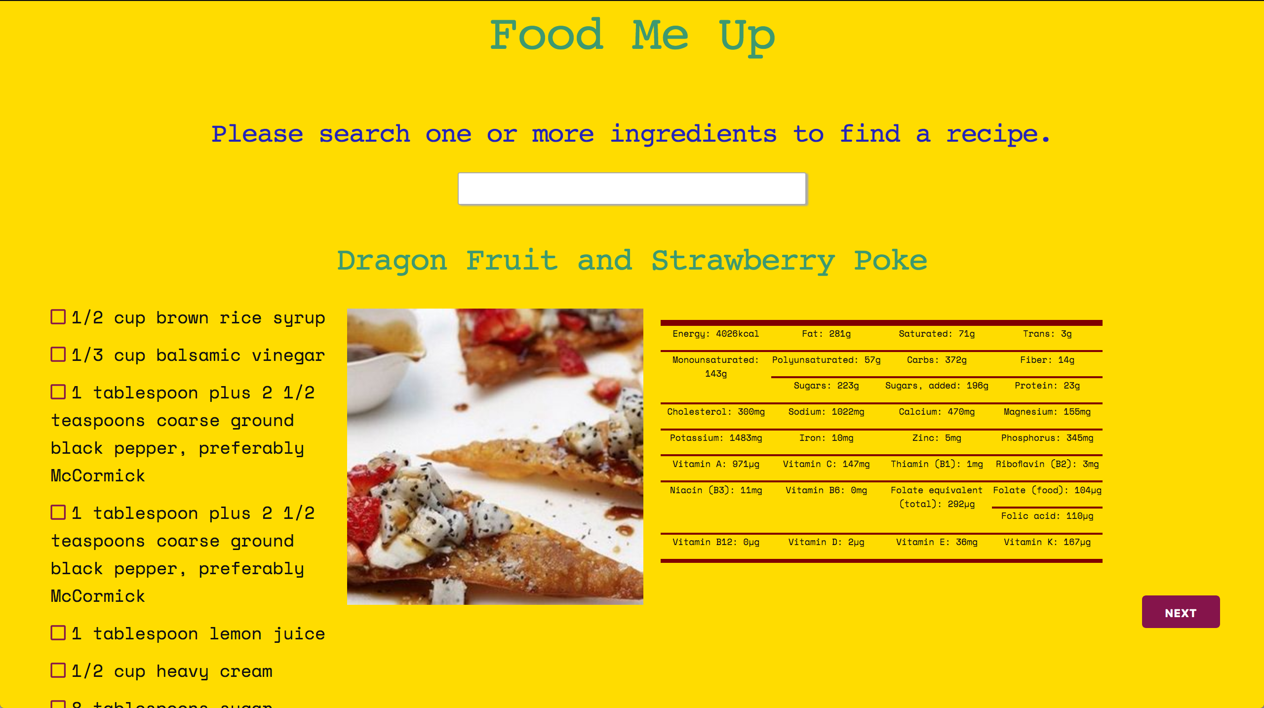 Dragon fruit and strawberry poke ingredients list and nutritional facts